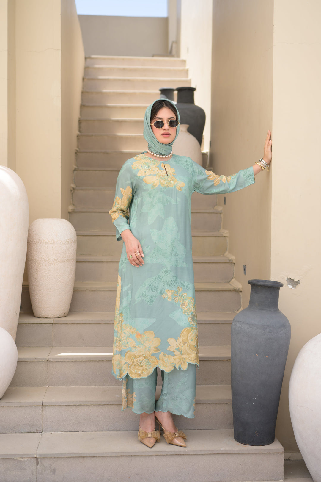 Seafoam Green Cut Work Scallope Muslin Kurta with Yellow Organza Border Embroidered Scallope Pant Set- SET OF-2 | SHOBITAM