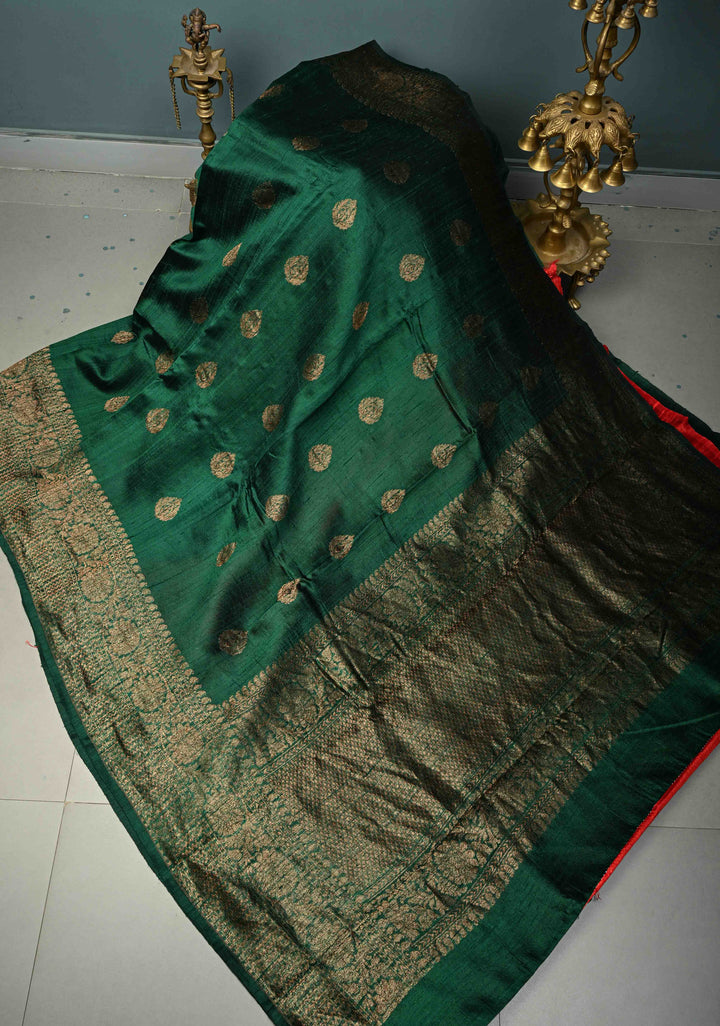 Deep Emerald Green Banarasi Raw Silk Saree with Antique Zari Buttas and Zari Border | SILK MARK CERTIFIED