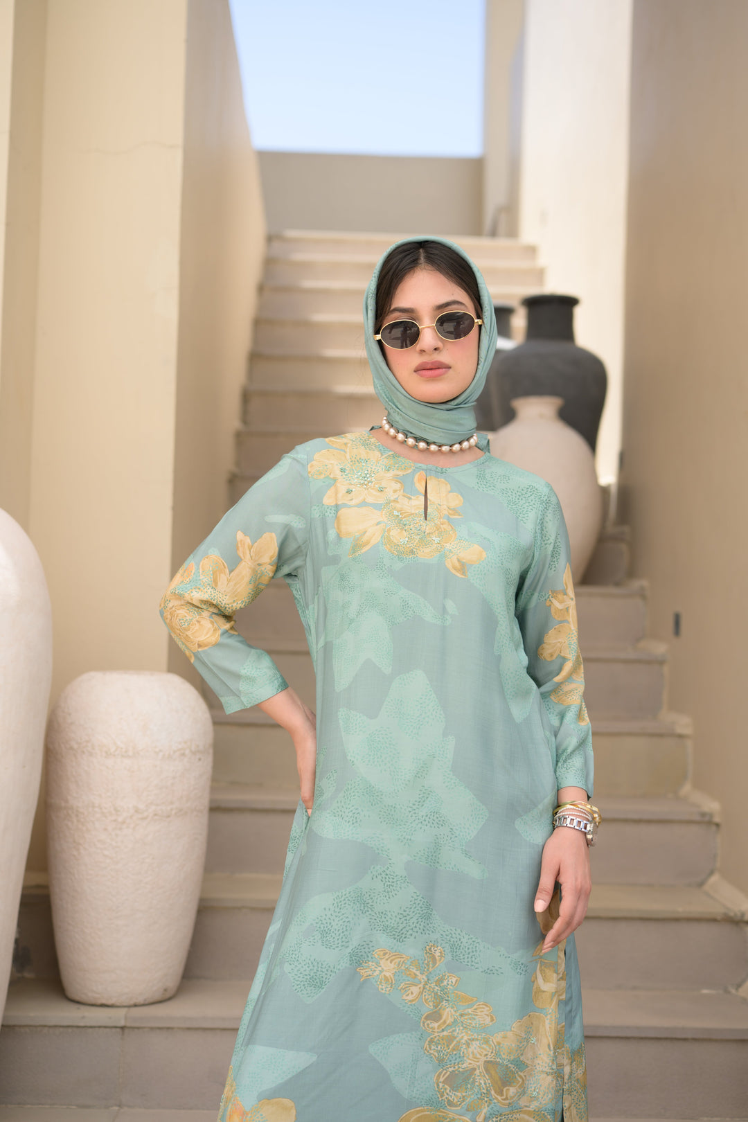 Seafoam Green Cut Work Scallope Muslin Kurta with Yellow Organza Border Embroidered Scallope Pant Set- SET OF-2 | SHOBITAM