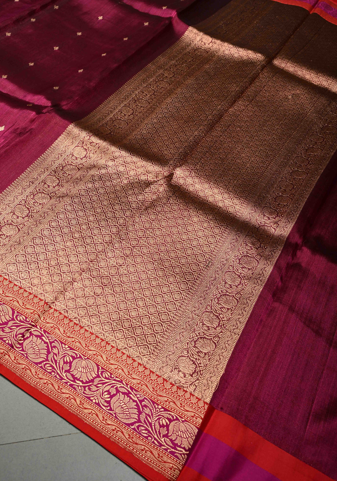 Magenta Pure Banarasi Organza Tissue Silk Saree with Zari Buttis and Contrast Two tone Zari Border | SILK MARK CERTIFIED | SHOBITAM