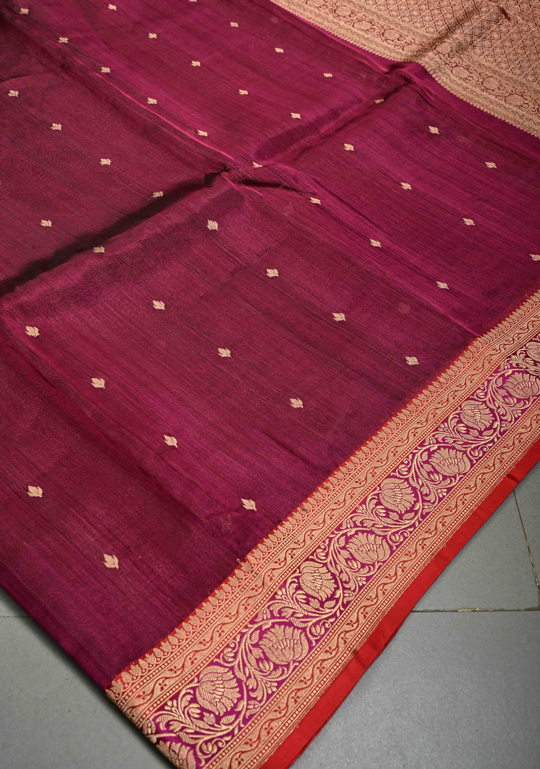 Magenta Pure Banarasi Organza Tissue Silk Saree with Zari Buttis and Contrast Two tone Zari Border | SILK MARK CERTIFIED | SHOBITAM