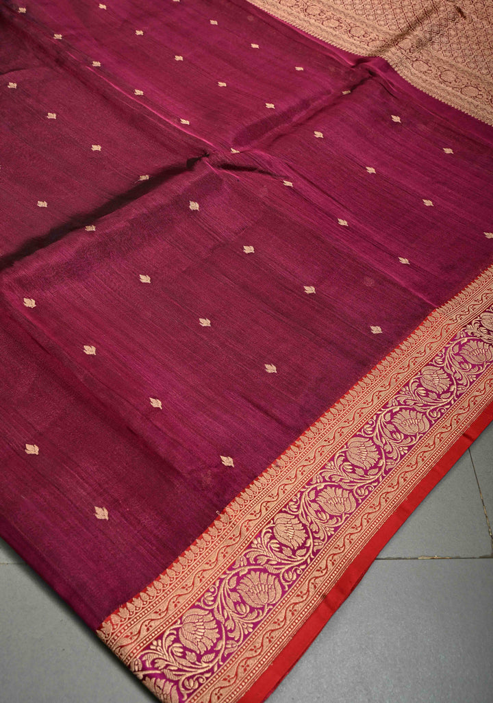 Magenta Pure Banarasi Organza Tissue Silk Saree with Zari Buttis and Contrast Two tone Zari Border | SILK MARK CERTIFIED | SHOBITAM