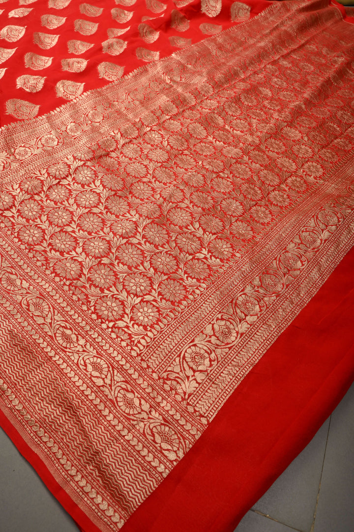 Blood Red Banarasi Georgette Silk Saree with Floral Damask Buttas and Zari Border | SILK MARK CERTIFIED | SHOBITAM