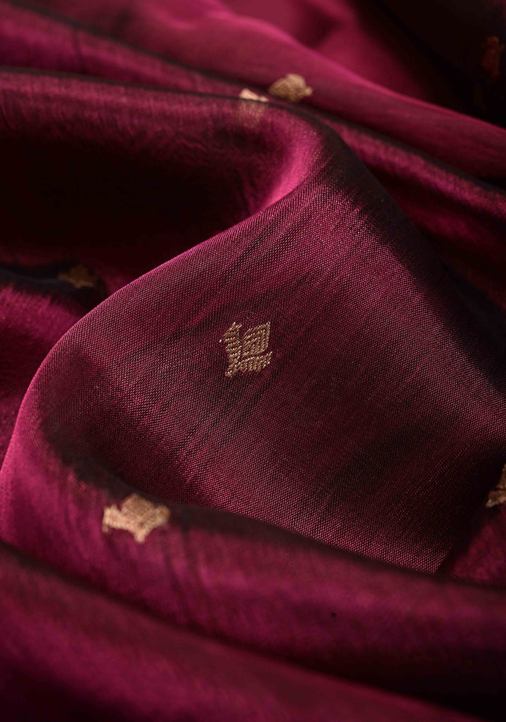 Magenta Pure Banarasi Organza Tissue Silk Saree with Zari Buttis and Contrast Two tone Zari Border | SILK MARK CERTIFIED | SHOBITAM