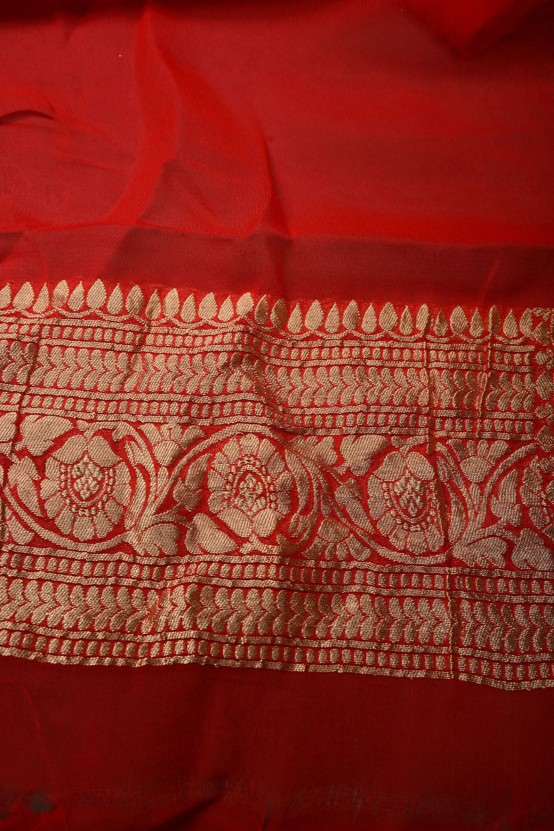 Blood Red Banarasi Georgette Silk Saree with Floral Damask Buttas and Zari Border | SILK MARK CERTIFIED | SHOBITAM