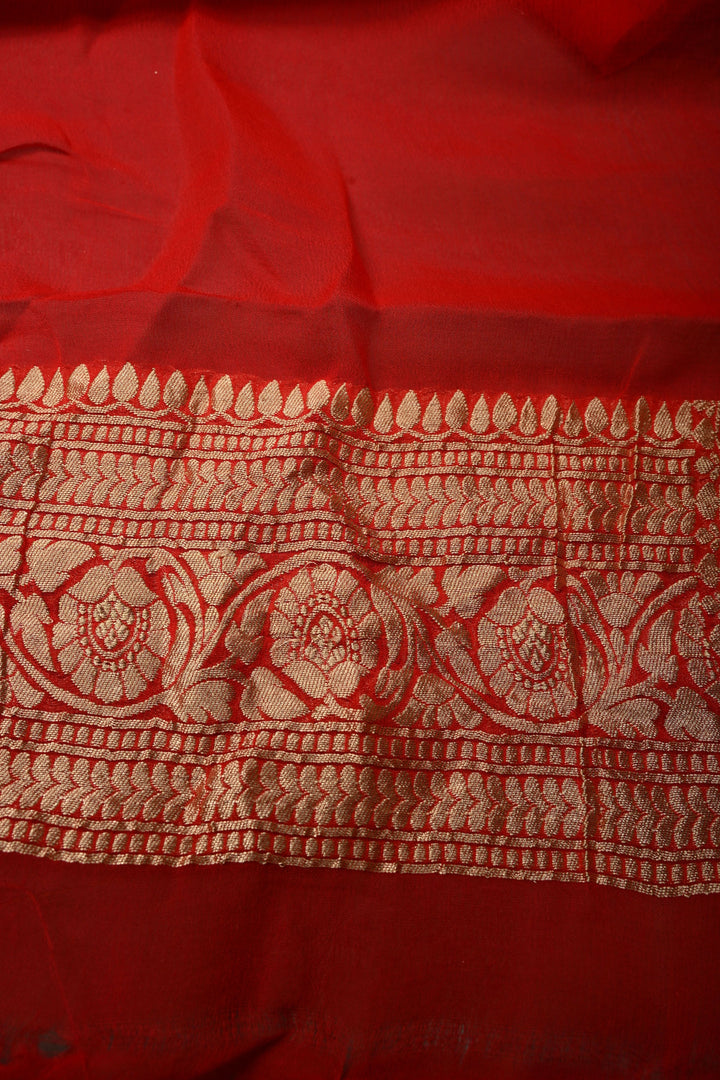 Blood Red Banarasi Georgette Silk Saree with Floral Damask Buttas and Zari Border | SILK MARK CERTIFIED | SHOBITAM