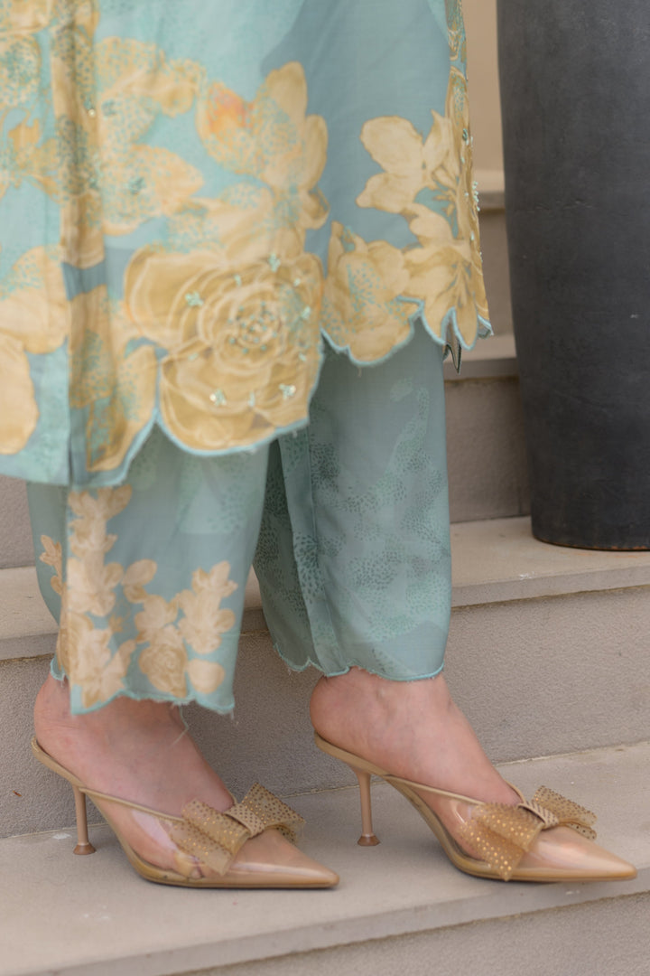 Seafoam Green Cut Work Scallope Muslin Kurta with Yellow Organza Border Embroidered Scallope Pant Set- SET OF-2 | SHOBITAM