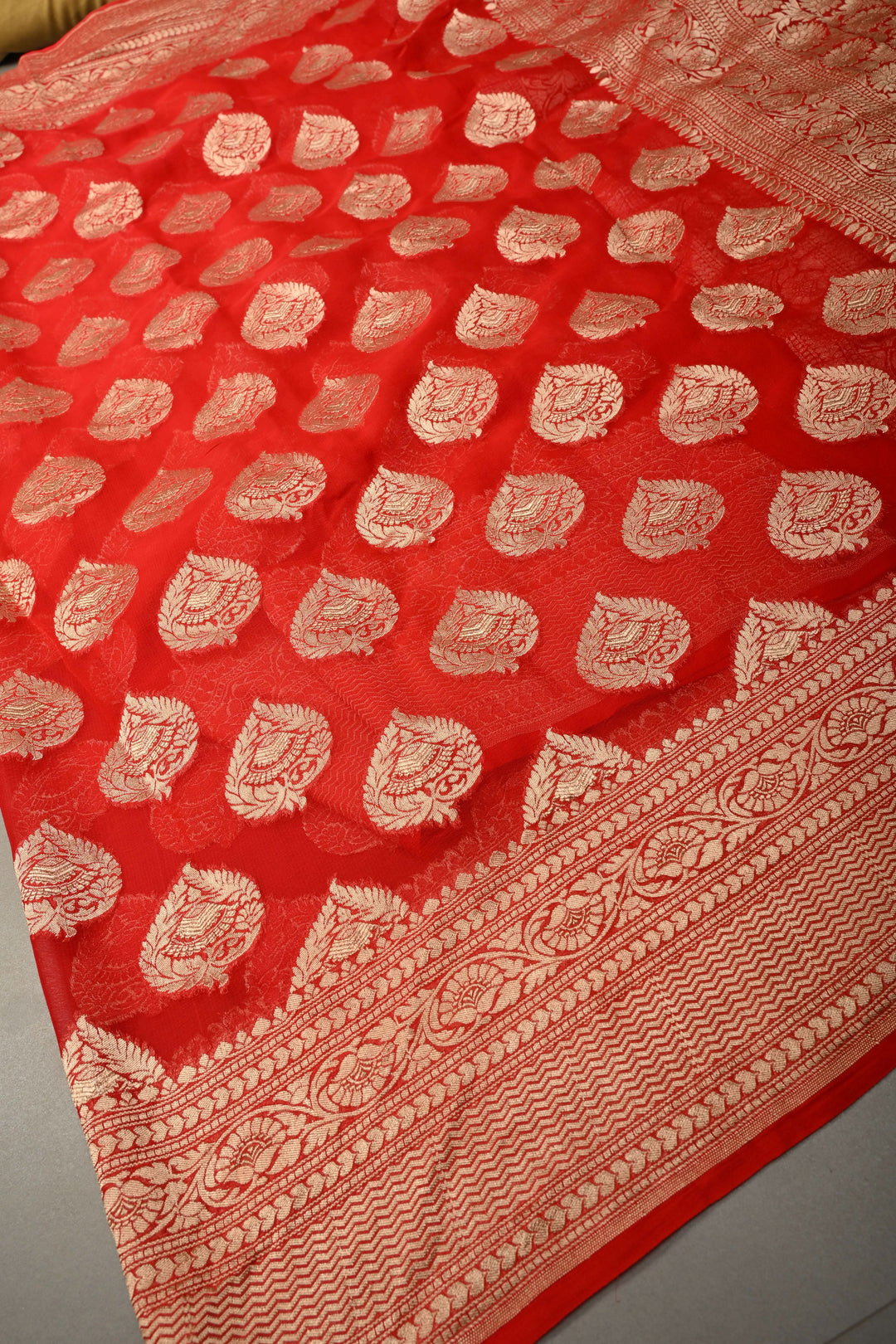 Blood Red Banarasi Georgette Silk Saree with Floral Damask Buttas and Zari Border | SILK MARK CERTIFIED | SHOBITAM
