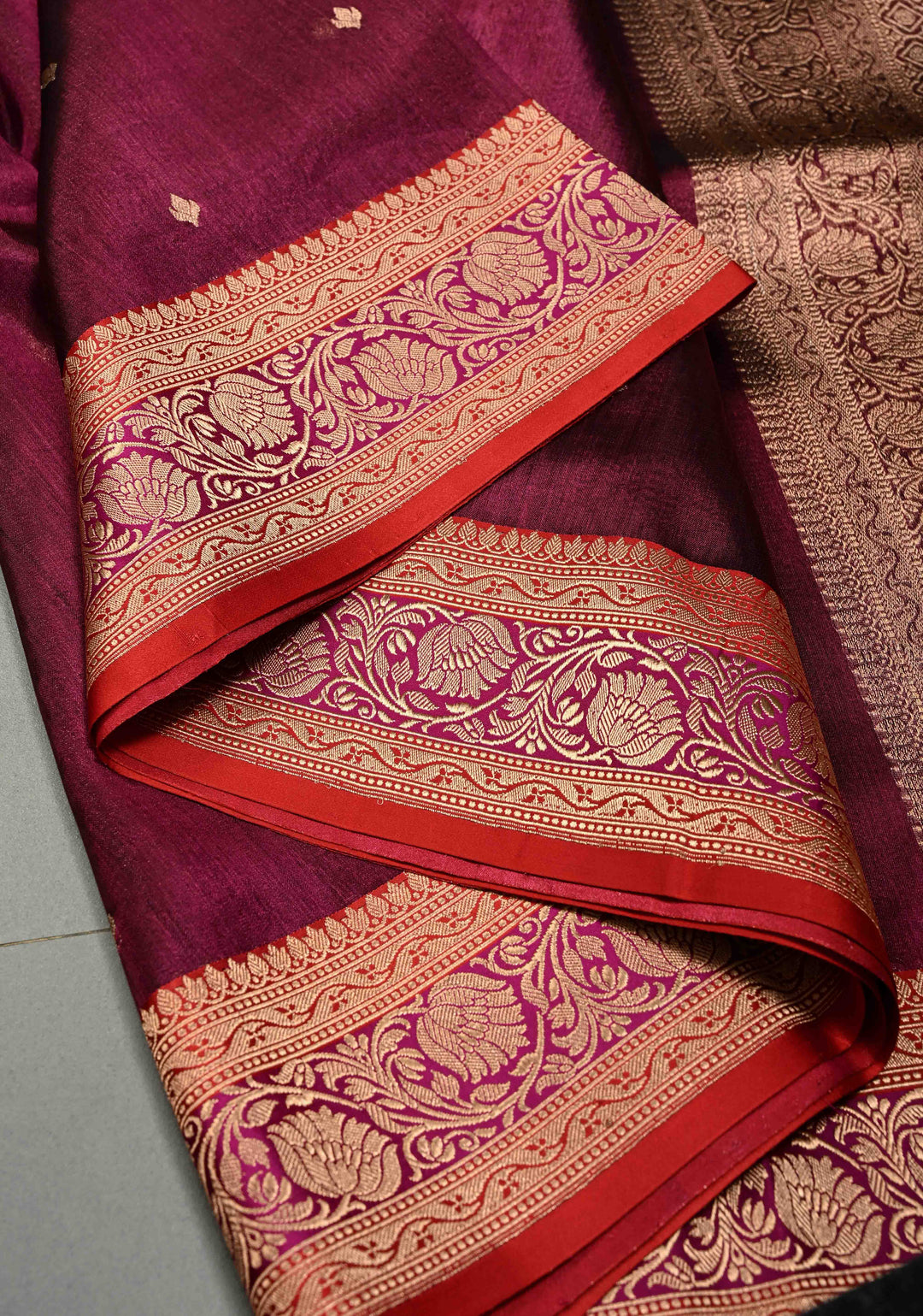 Magenta Pure Banarasi Organza Tissue Silk Saree with Zari Buttis and Contrast Two tone Zari Border | SILK MARK CERTIFIED | SHOBITAM