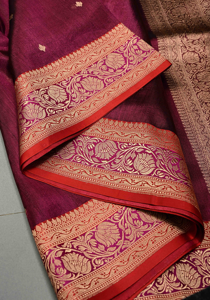Magenta Pure Banarasi Organza Tissue Silk Saree with Zari Buttis and Contrast Two tone Zari Border | SILK MARK CERTIFIED | SHOBITAM