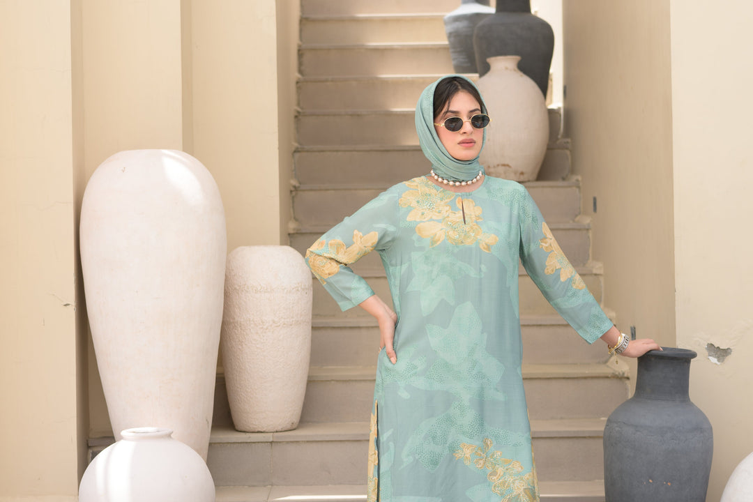 Seafoam Green Cut Work Scallope Muslin Kurta with Yellow Organza Border Embroidered Scallope Pant Set- SET OF-2 | SHOBITAM