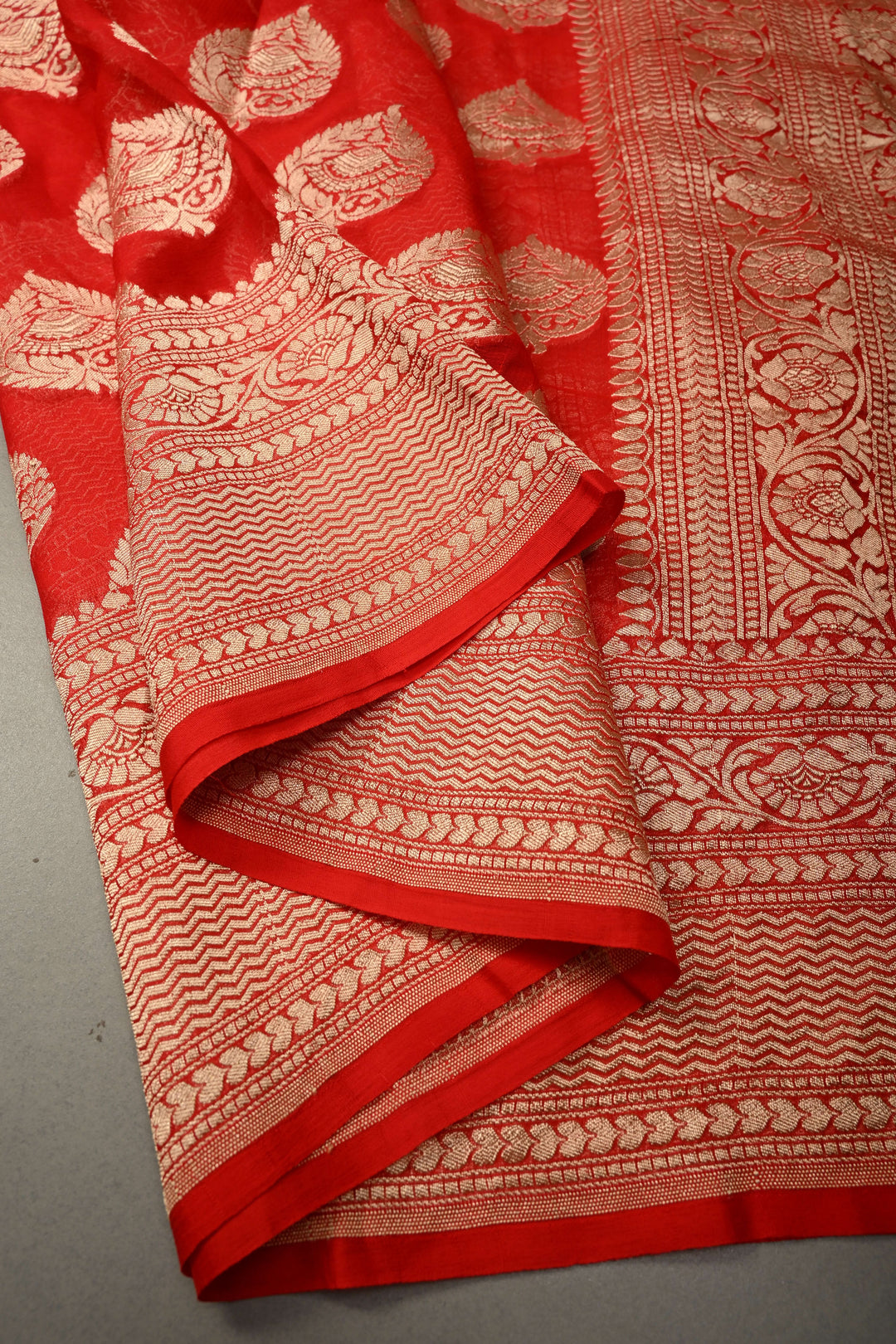 Blood Red Banarasi Georgette Silk Saree with Floral Damask Buttas and Zari Border | SILK MARK CERTIFIED | SHOBITAM