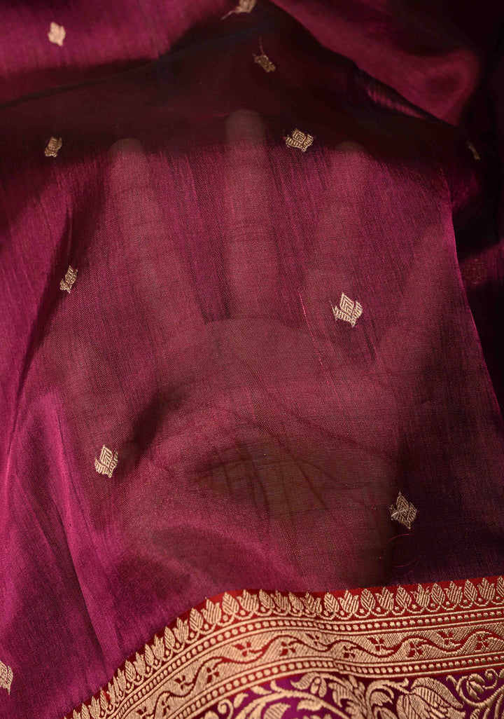 Magenta Pure Banarasi Organza Tissue Silk Saree with Zari Buttis and Contrast Two tone Zari Border | SILK MARK CERTIFIED | SHOBITAM