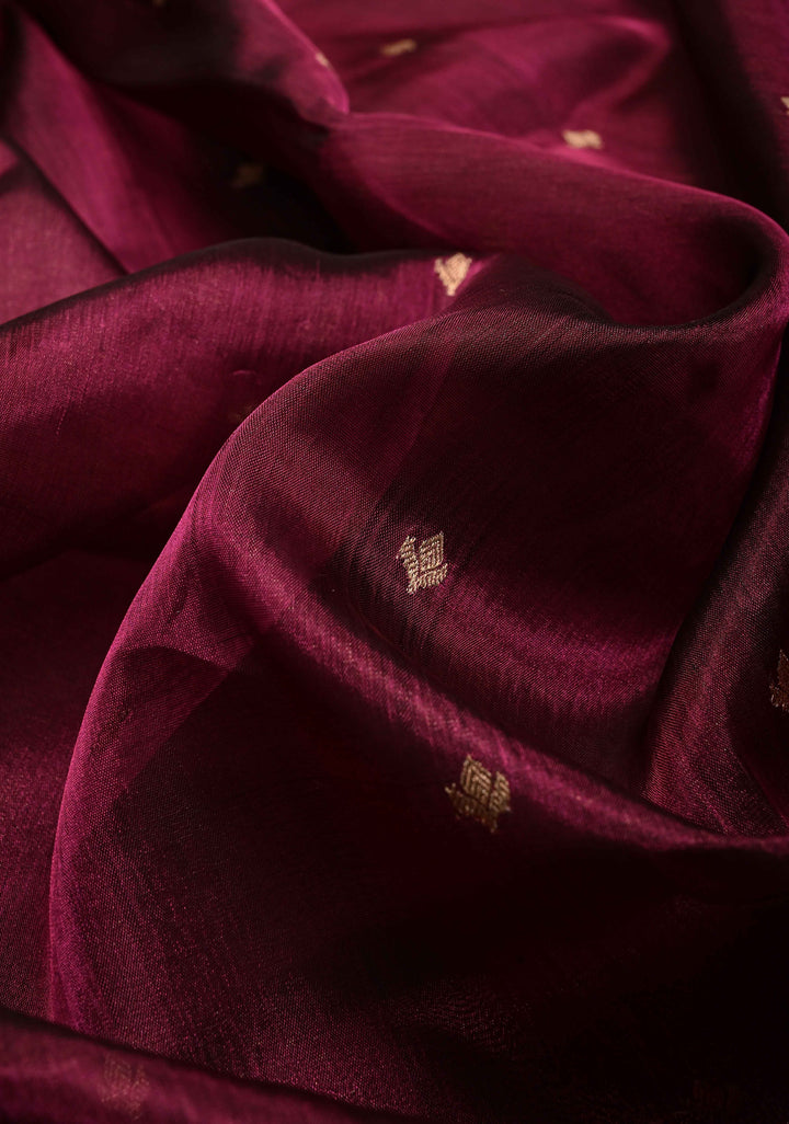 Magenta Pure Banarasi Organza Tissue Silk Saree with Zari Buttis and Contrast Two tone Zari Border | SILK MARK CERTIFIED | SHOBITAM