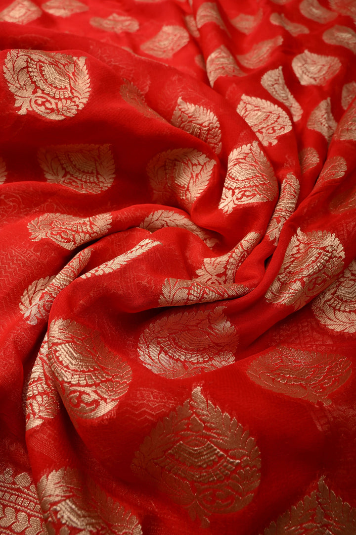 Blood Red Banarasi Georgette Silk Saree with Floral Damask Buttas and Zari Border | SILK MARK CERTIFIED | SHOBITAM