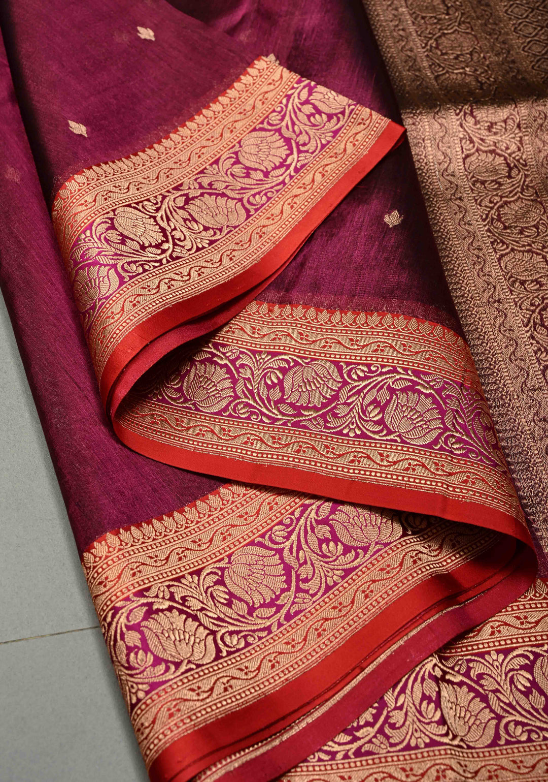 Magenta Pure Banarasi Organza Tissue Silk Saree with Zari Buttis and Contrast Two tone Zari Border | SILK MARK CERTIFIED | SHOBITAM