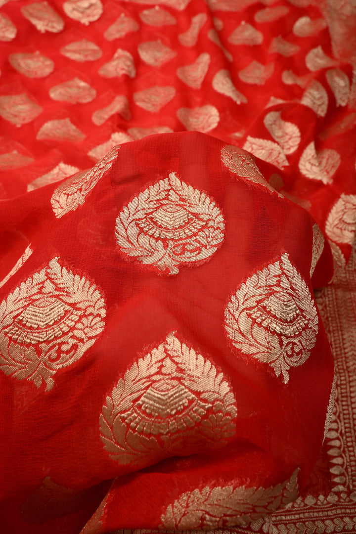 Blood Red Banarasi Georgette Silk Saree with Floral Damask Buttas and Zari Border | SILK MARK CERTIFIED | SHOBITAM