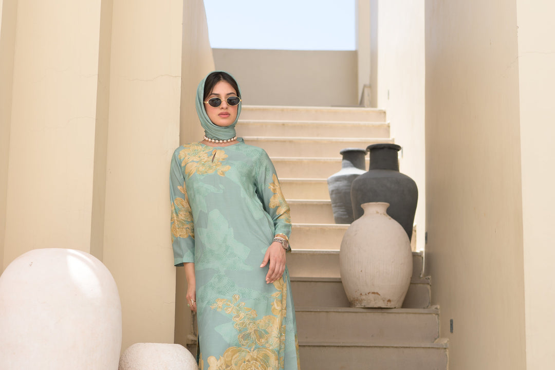 Seafoam Green Cut Work Scallope Muslin Kurta with Yellow Organza Border Embroidered Scallope Pant Set- SET OF-2 | SHOBITAM