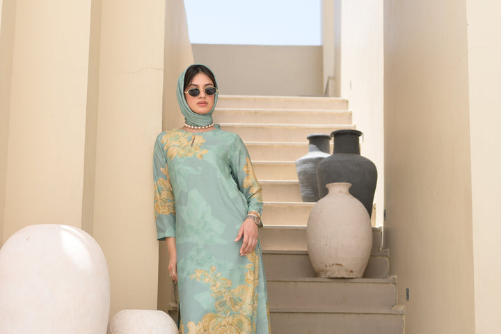 Seafoam Green Cut Work Scallope Muslin Kurta with Yellow Organza Border Embroidered Scallope Pant Set- SET OF-2 | SHOBITAM