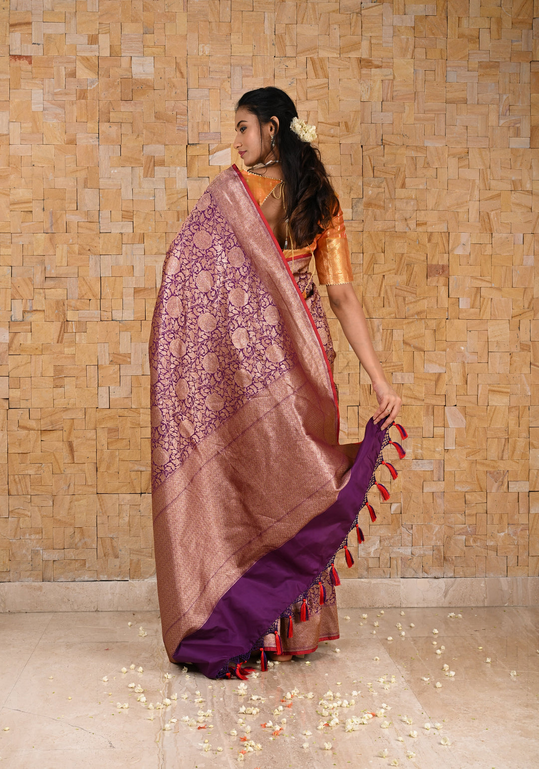 Purple Banarasi Katan Silk Saree with Antique Rose Brocade Jaal and Borders | SILK MARK CERTIFIED
