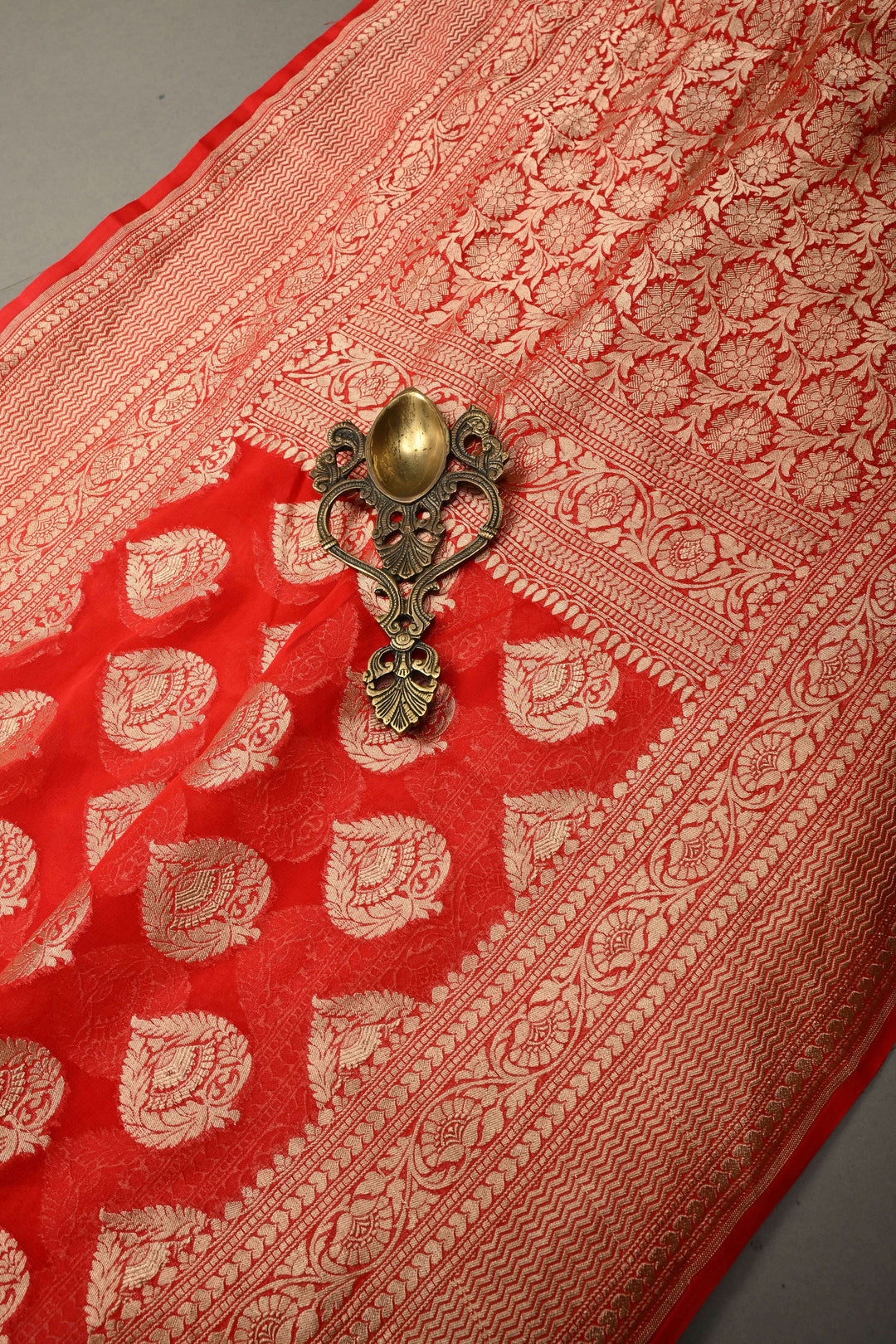 Blood Red Banarasi Georgette Silk Saree with Floral Damask Buttas and Zari Border | SILK MARK CERTIFIED | SHOBITAM