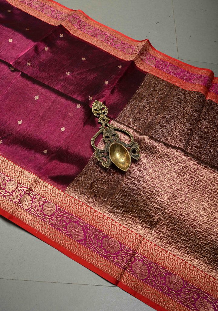 Magenta Pure Banarasi Organza Tissue Silk Saree with Zari Buttis and Contrast Two tone Zari Border | SILK MARK CERTIFIED | SHOBITAM