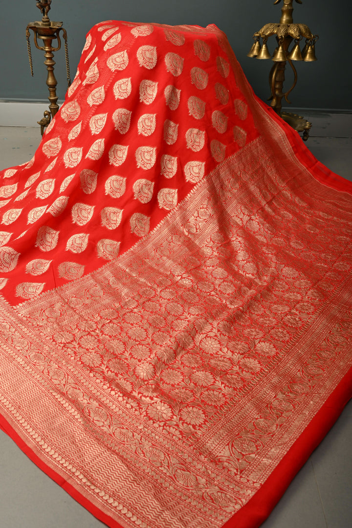 Blood Red Banarasi Georgette Silk Saree with Floral Damask Buttas and Zari Border | SILK MARK CERTIFIED | SHOBITAM
