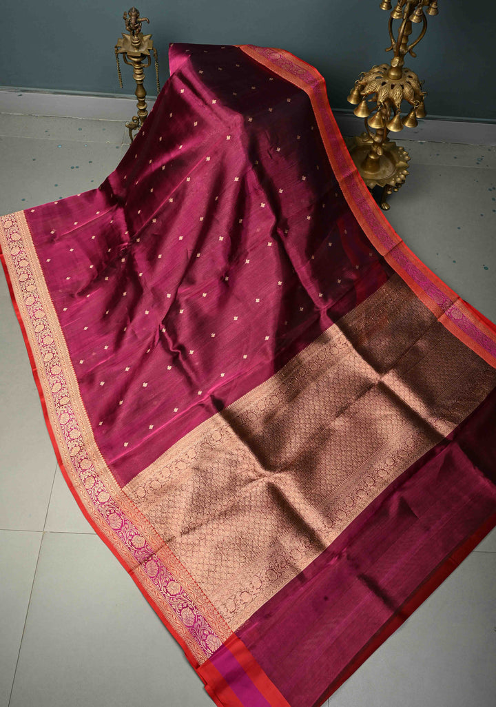 Magenta Pure Banarasi Organza Tissue Silk Saree with Zari Buttis and Contrast Two tone Zari Border | SILK MARK CERTIFIED | SHOBITAM