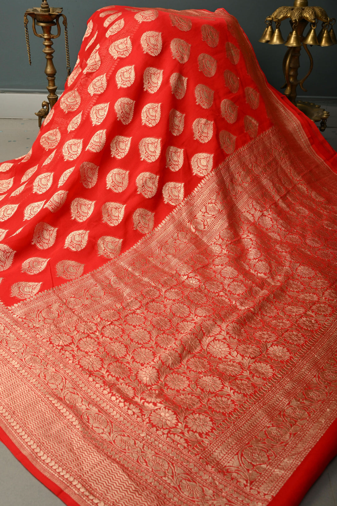 Blood Red Banarasi Georgette Silk Saree with Floral Damask Buttas and Zari Border | SILK MARK CERTIFIED | SHOBITAM