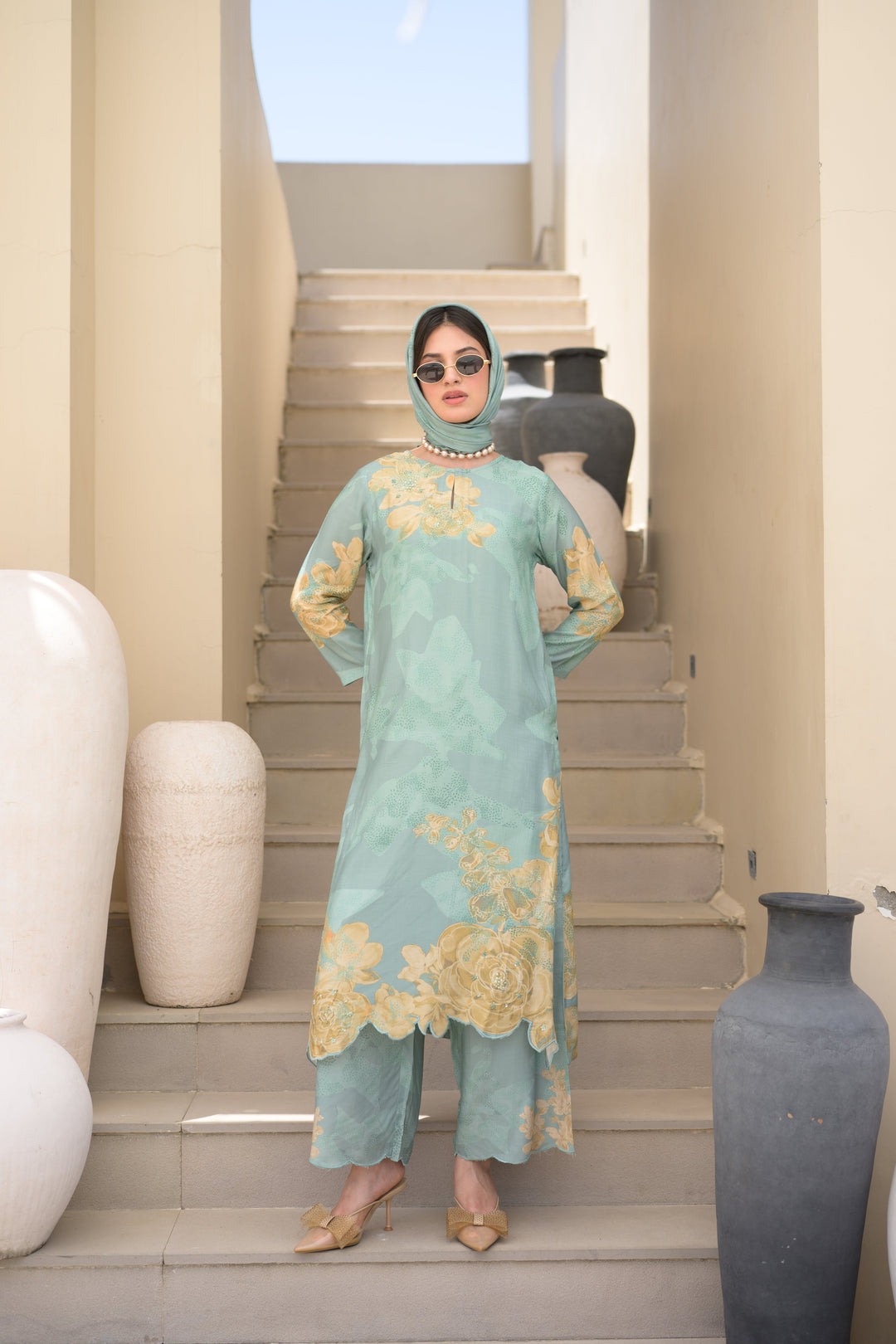 Seafoam Green Cut Work Scallope Muslin Kurta with Yellow Organza Border Embroidered Scallope Pant Set- SET OF-2 | SHOBITAM