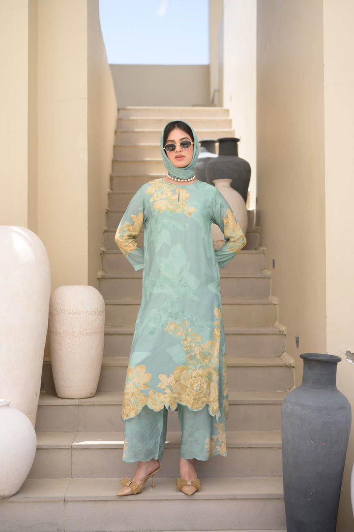 Seafoam Green Cut Work Scallope Muslin Kurta with Yellow Organza Border Embroidered Scallope Pant Set- SET OF-2 | SHOBITAM