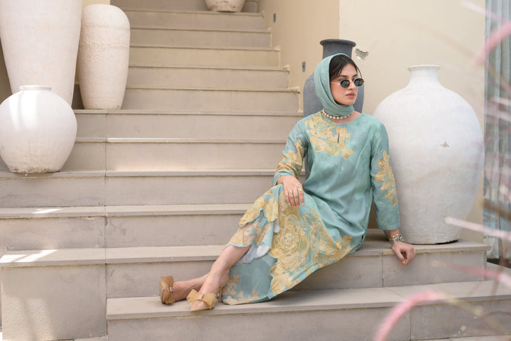 Seafoam Green Cut Work Scallope Muslin Kurta with Yellow Organza Border Embroidered Scallope Pant Set- SET OF-2 | SHOBITAM