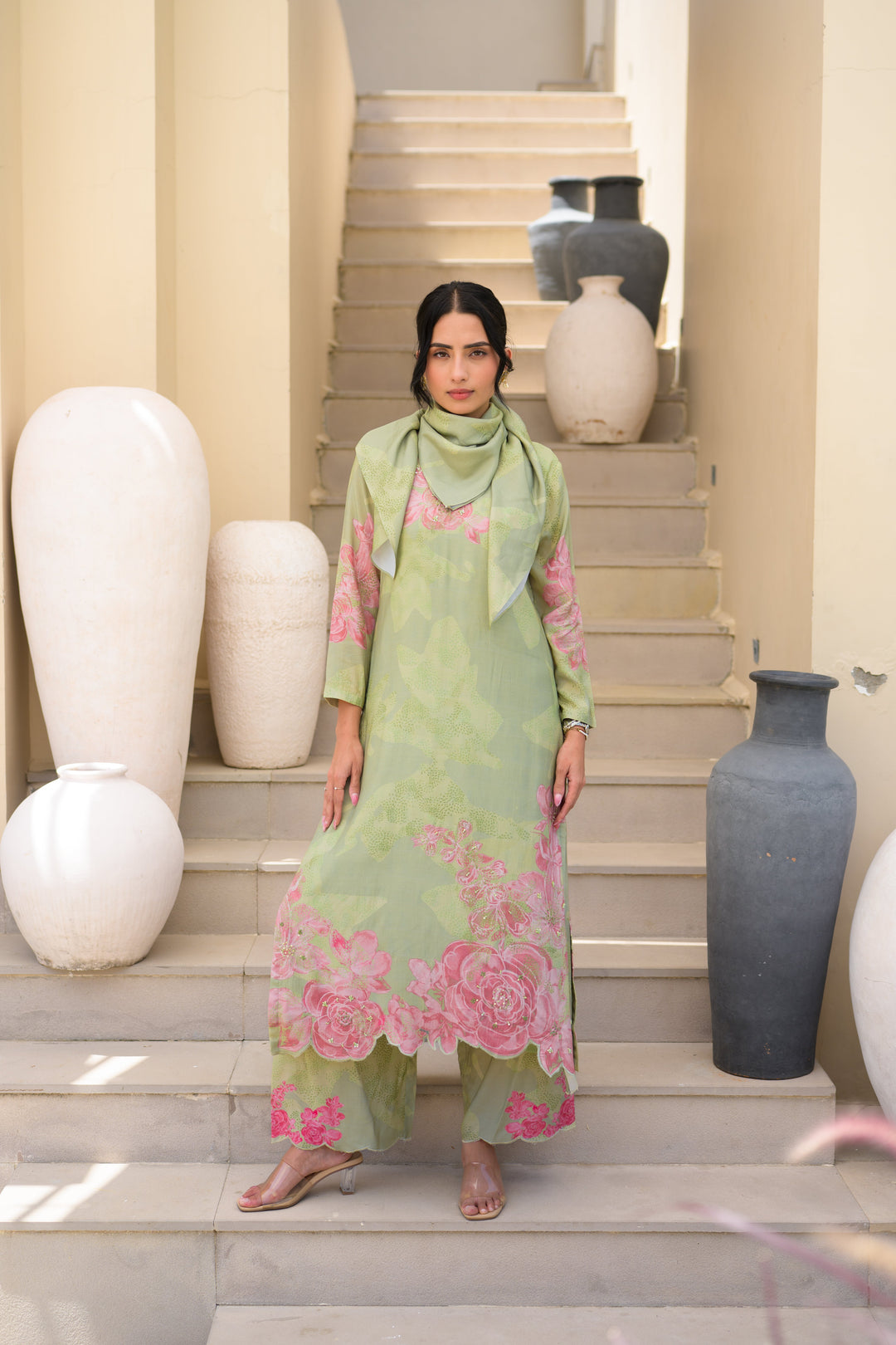 Sage Green Cut Work Scallope Muslin Kurta with Organza Border Embroidered Scallope Pant Set- SET OF-2 | SHOBITAM