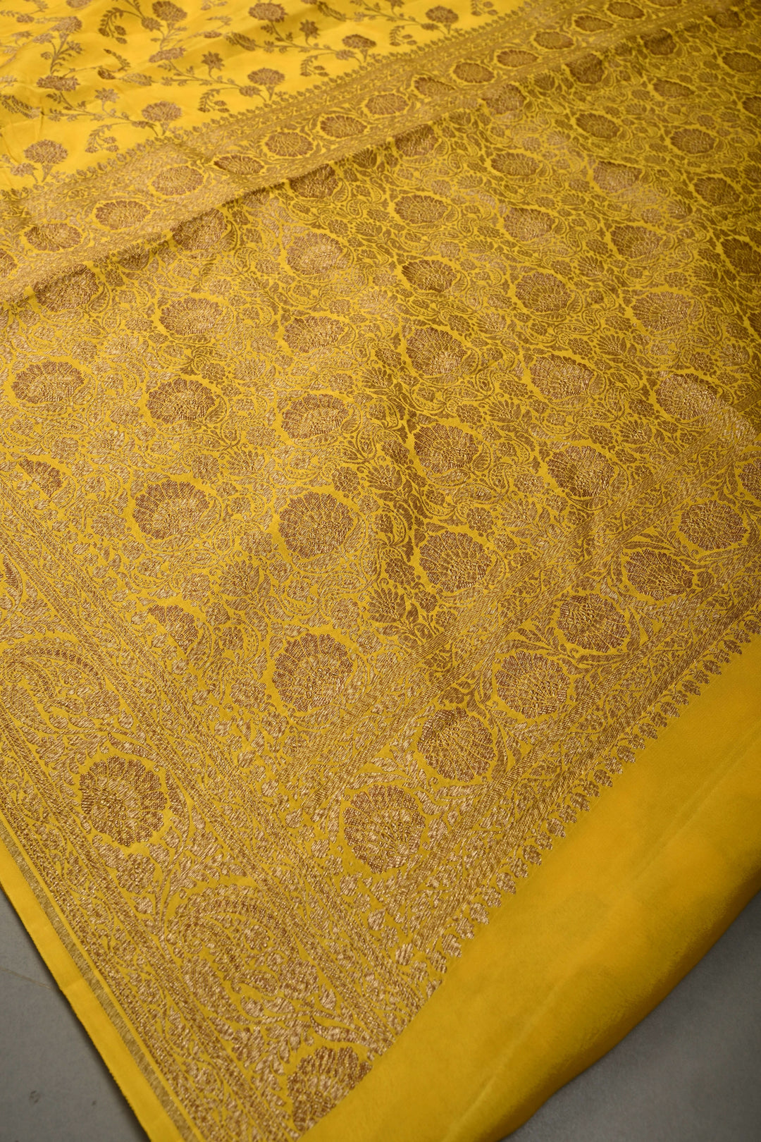 Mustard Yellow Banarasi Georgette Silk Saree with Floar Brocade Jaal and Zari Border | SILK MARK CERTIFIED | SHOBITAM