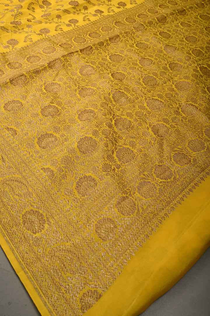 Mustard Yellow Banarasi Georgette Silk Saree with Floar Brocade Jaal and Zari Border | SILK MARK CERTIFIED | SHOBITAM