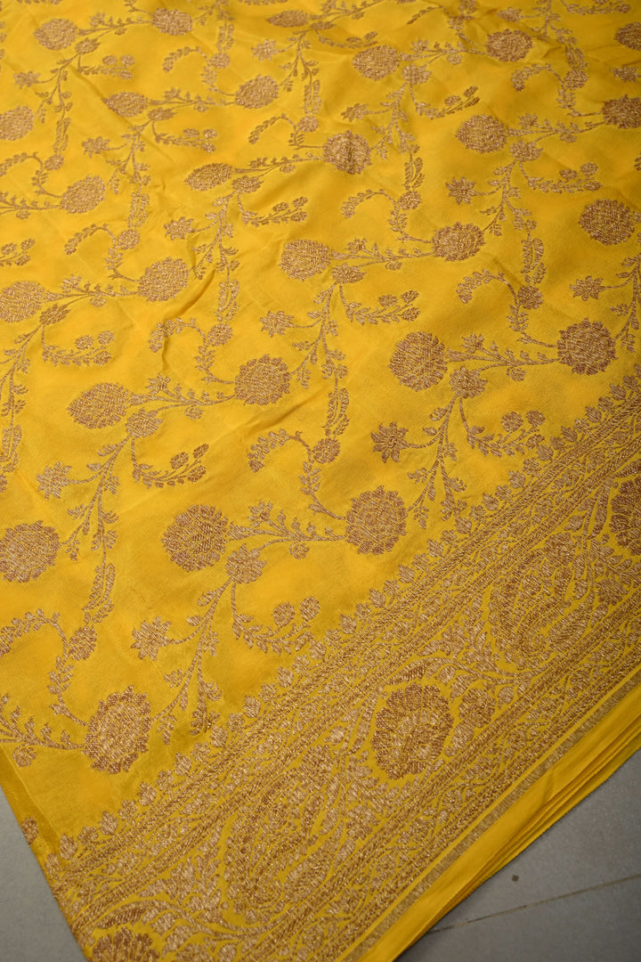 Mustard Yellow Banarasi Georgette Silk Saree with Floar Brocade Jaal and Zari Border | SILK MARK CERTIFIED | SHOBITAM