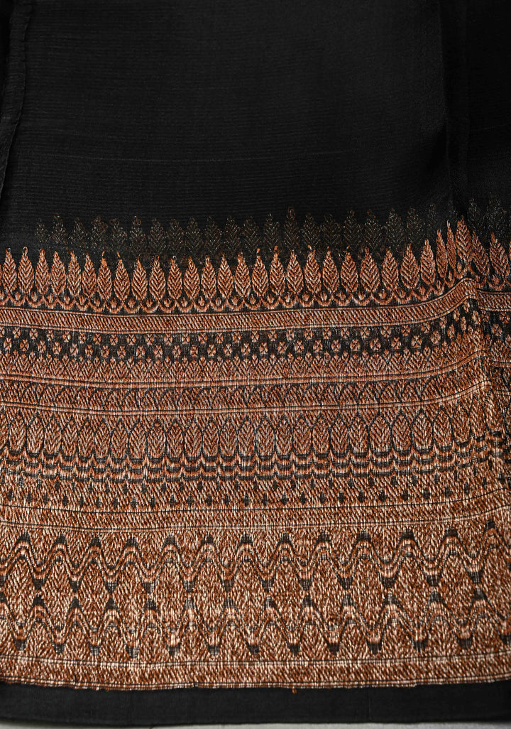 Black Pure Banarasi Kora Silk Saree with Paisley Antique Zari Buttas and Zari Border | SILK MARK CERTIFIED | Shobitam )