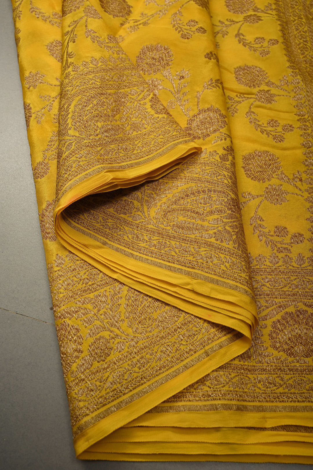 Mustard Yellow Banarasi Georgette Silk Saree with Floar Brocade Jaal and Zari Border | SILK MARK CERTIFIED | SHOBITAM