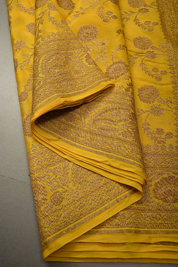 Mustard Yellow Banarasi Georgette Silk Saree with Floar Brocade Jaal and Zari Border | SILK MARK CERTIFIED | SHOBITAM