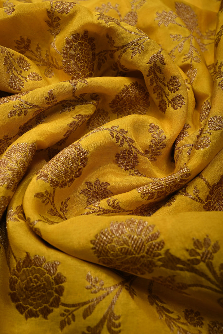 Mustard Yellow Banarasi Georgette Silk Saree with Floar Brocade Jaal and Zari Border | SILK MARK CERTIFIED | SHOBITAM