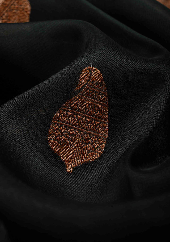 Black Pure Banarasi Kora Silk Saree with Paisley Antique Zari Buttas and Zari Border | SILK MARK CERTIFIED | Shobitam )