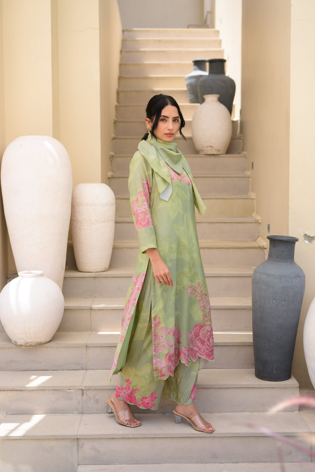 Sage Green Cut Work Scallope Muslin Kurta with Organza Border Embroidered Scallope Pant Set- SET OF-2 | SHOBITAM