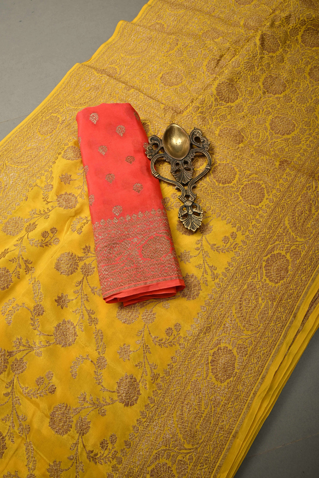 Mustard Yellow Banarasi Georgette Silk Saree with Floar Brocade Jaal and Zari Border | SILK MARK CERTIFIED | SHOBITAM