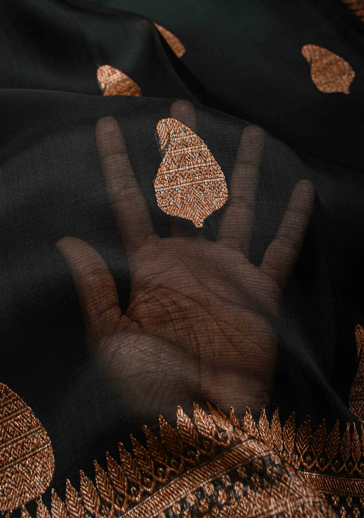 Black Pure Banarasi Kora Silk Saree with Paisley Antique Zari Buttas and Zari Border | SILK MARK CERTIFIED | Shobitam )