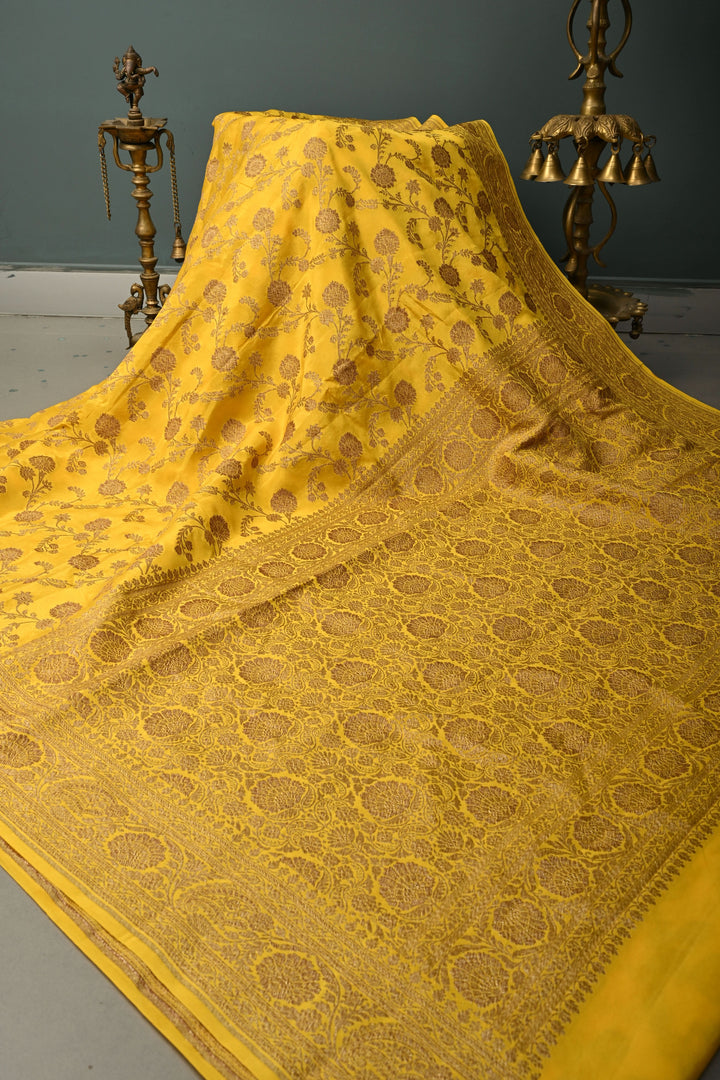 Mustard Yellow Banarasi Georgette Silk Saree with Floar Brocade Jaal and Zari Border | SILK MARK CERTIFIED | SHOBITAM