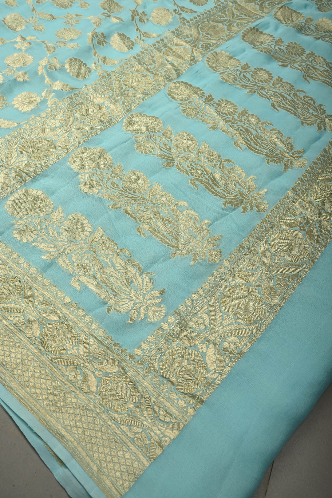 Aqua Blue Banarasi Georgette Silk Saree with Floral Zari Jaal and Zari Border | SILK MARK CERTIFIED | SHOBITAM
