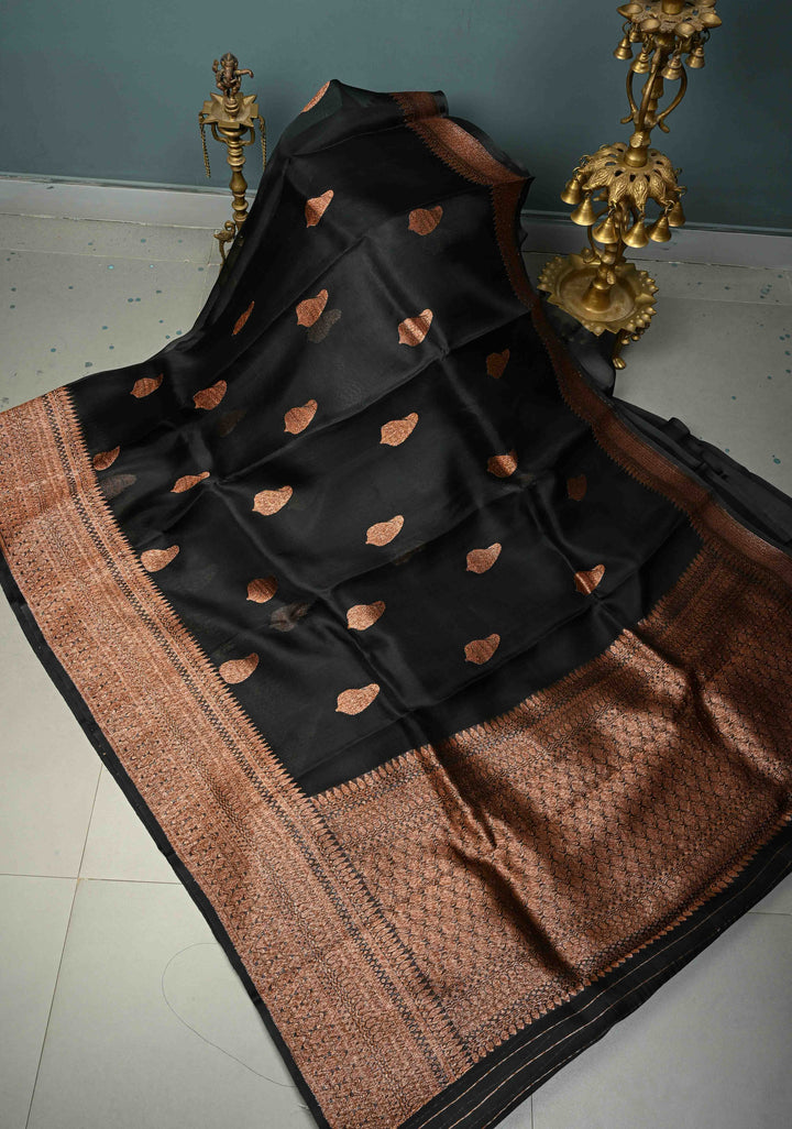 Black Pure Banarasi Kora Silk Saree with Paisley Antique Zari Buttas and Zari Border | SILK MARK CERTIFIED | Shobitam )