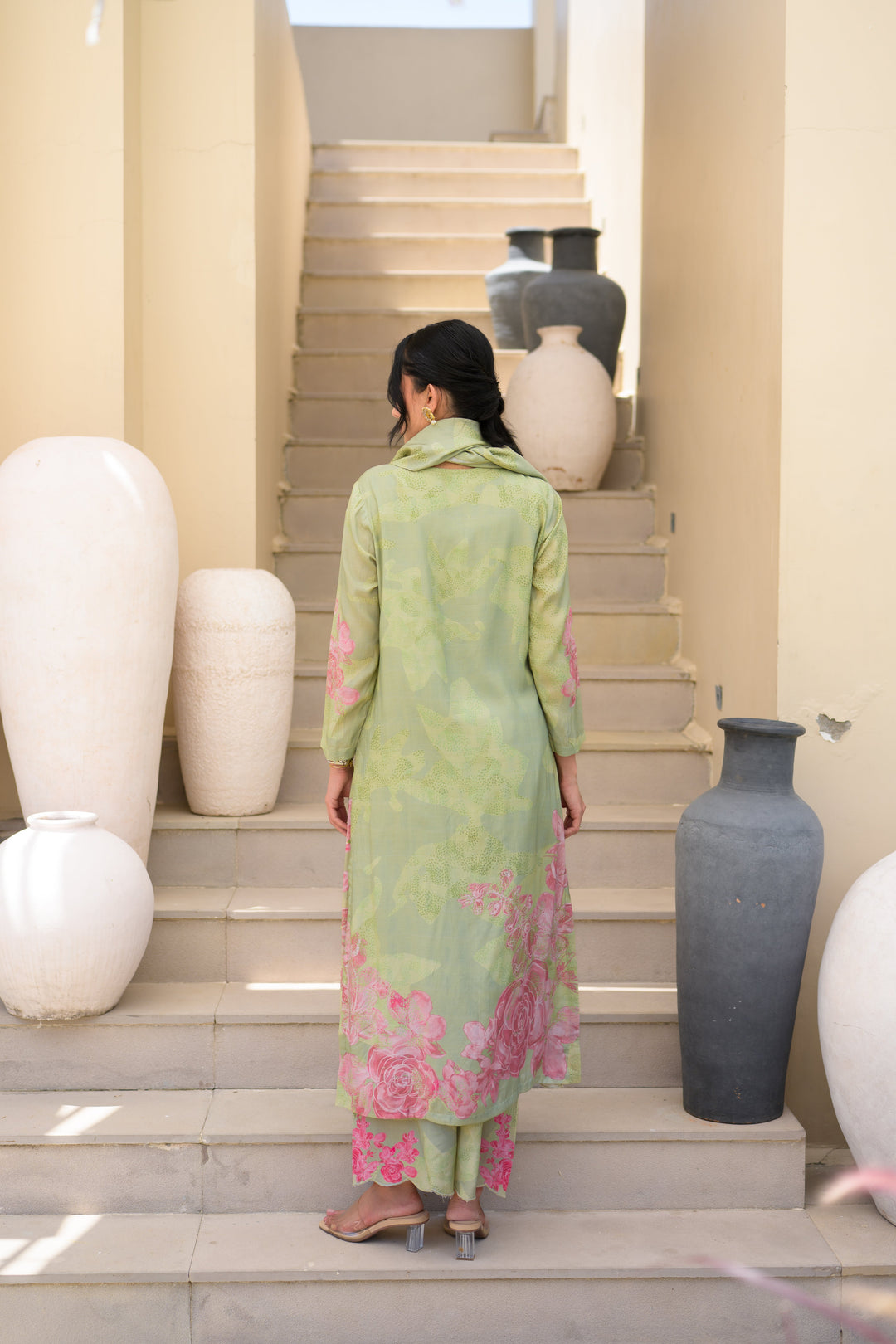 Sage Green Cut Work Scallope Muslin Kurta with Organza Border Embroidered Scallope Pant Set- SET OF-2 | SHOBITAM