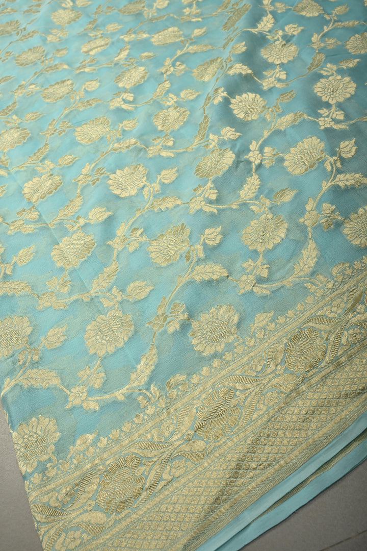 Aqua Blue Banarasi Georgette Silk Saree with Floral Zari Jaal and Zari Border | SILK MARK CERTIFIED | SHOBITAM