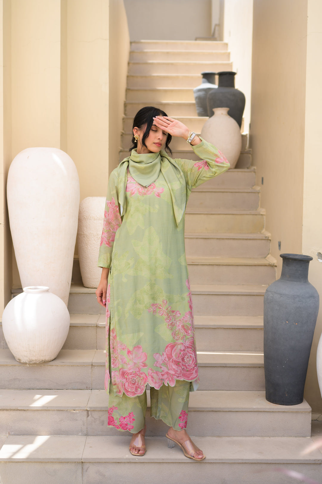 Sage Green Cut Work Scallope Muslin Kurta with Organza Border Embroidered Scallope Pant Set- SET OF-2 | SHOBITAM